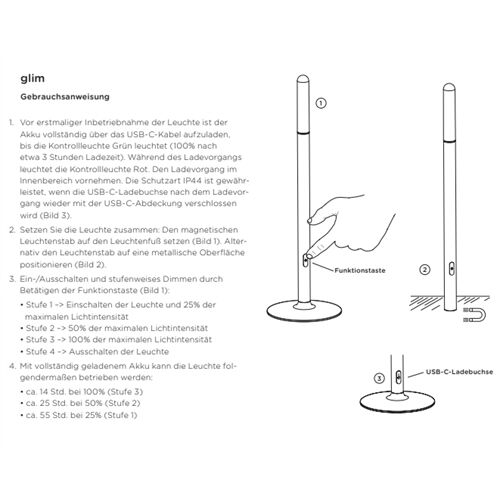 IP44.de AkkuTischleuchte GLIM 0,2W 10lm IP44 Aluguss/Lack